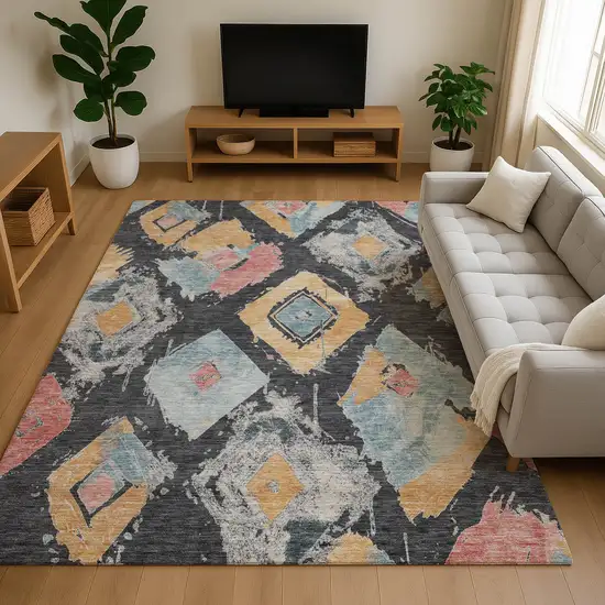 Charcoal Gold And Coral Abstract Geometric Washable Area Rug With UV Protection Photo 3