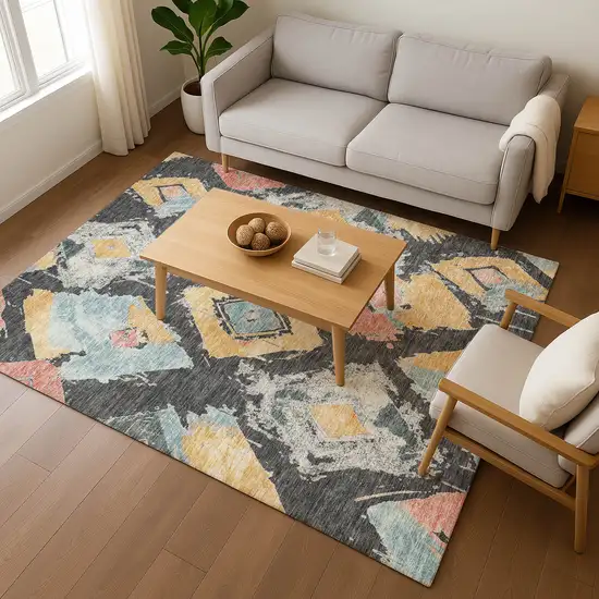 Charcoal Gold And Coral Abstract Geometric Washable Area Rug With UV Protection Photo 5