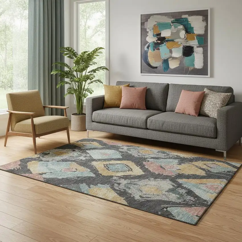 Charcoal Gold And Coral Abstract Geometric Washable Area Rug With UV Protection Photo 2