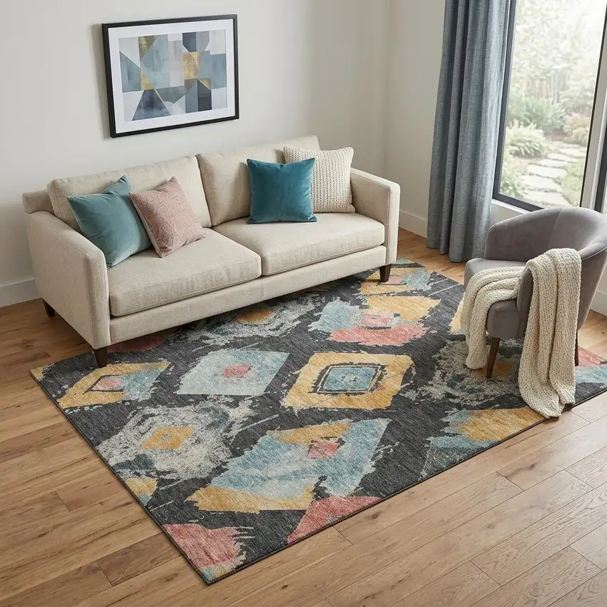 Charcoal Gold And Coral Abstract Geometric Washable Area Rug With UV Protection Photo 1