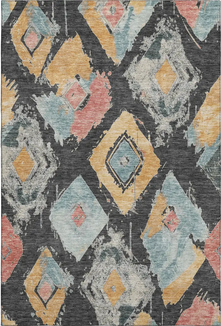 Charcoal Gold And Coral Abstract Geometric Washable Area Rug With UV Protection Photo 1