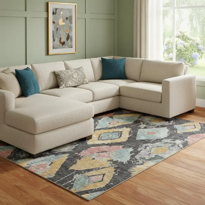 Charcoal Gold And Coral Abstract Geometric Washable Area Rug With UV Protection Photo 2