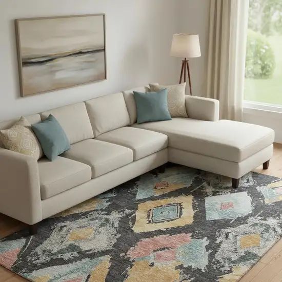 Charcoal Gold And Coral Abstract Geometric Washable Area Rug With UV Protection Photo 2