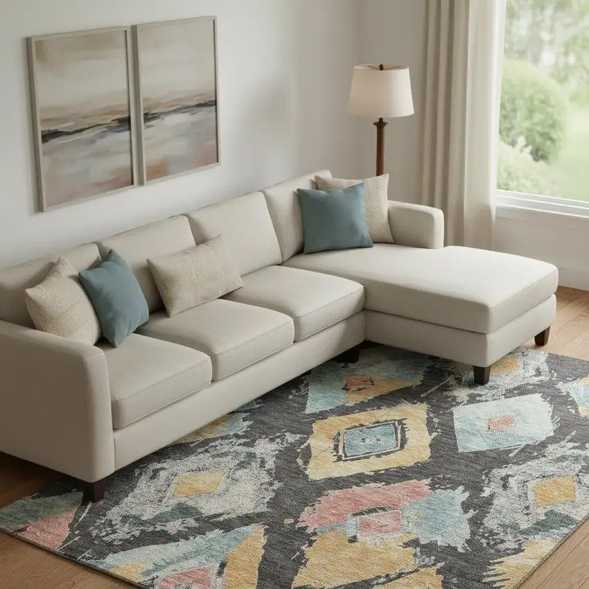 Charcoal Gold And Coral Abstract Geometric Washable Area Rug With UV Protection Photo 2