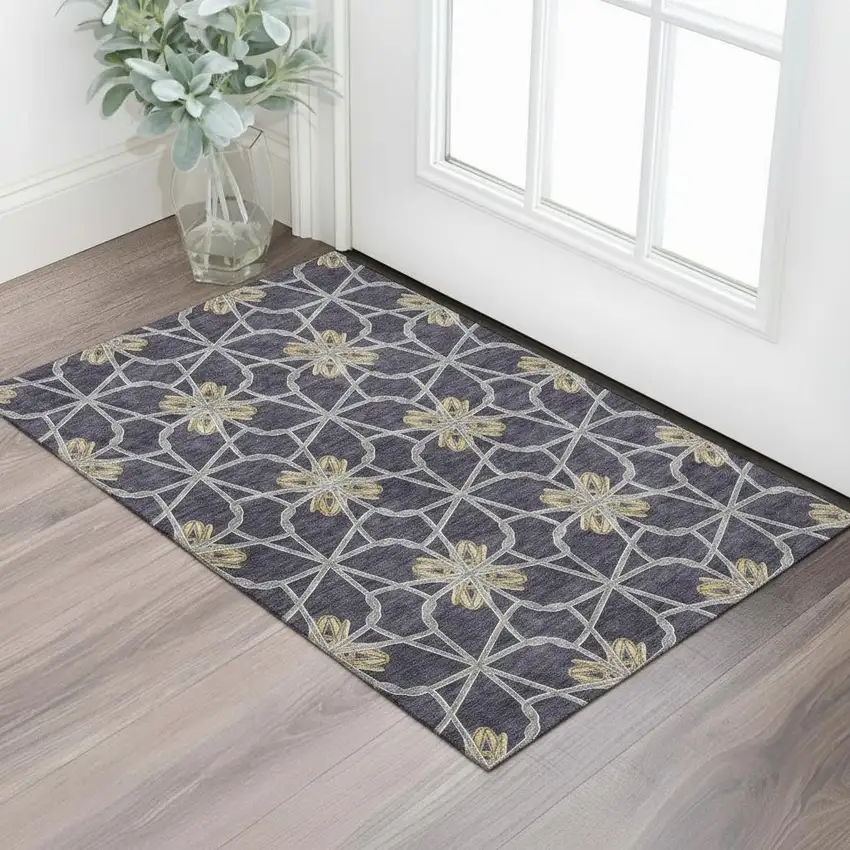 Charcoal Gold And Gray Geometric Washable Area Rug With UV Protection Photo 2