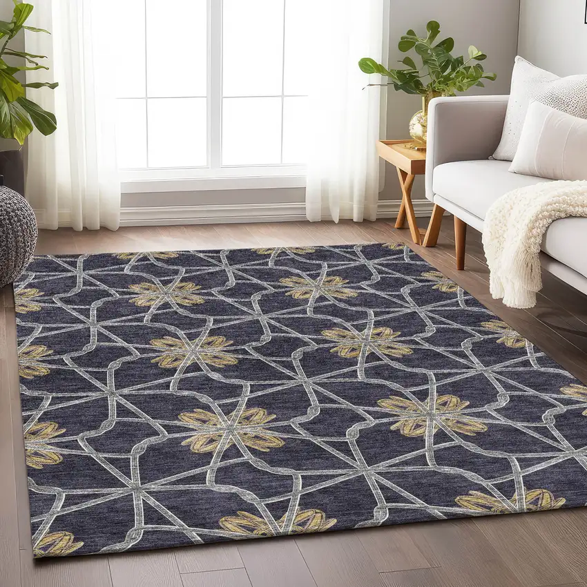 Charcoal Gold And Gray Geometric Washable Area Rug With UV Protection Photo 4