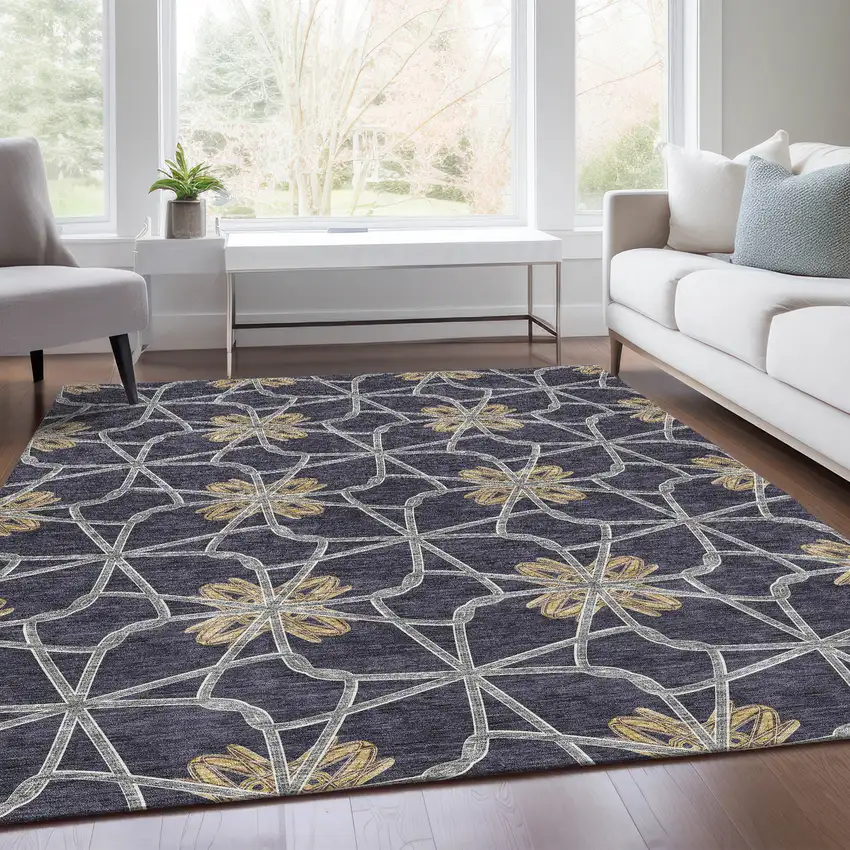 Charcoal Gold And Gray Geometric Washable Area Rug With UV Protection Photo 5