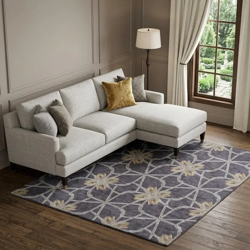 Charcoal Gold And Gray Geometric Washable Area Rug With UV Protection Photo 1
