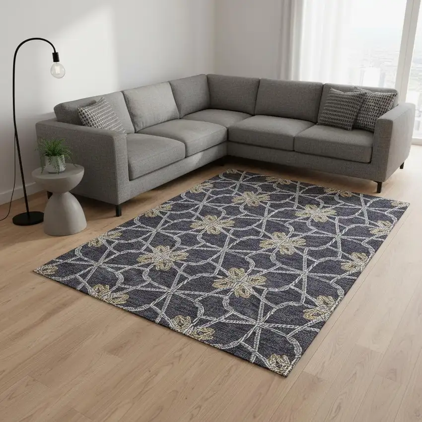 Charcoal Gold And Gray Geometric Washable Area Rug With UV Protection Photo 2