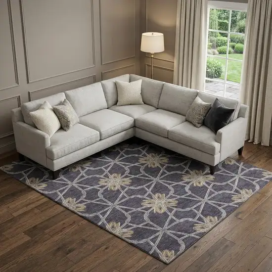 Charcoal Gold And Gray Geometric Washable Area Rug With UV Protection Photo 1