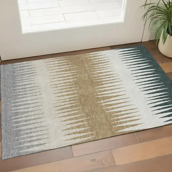 Charcoal Gold And Gray Striped Washable Area Rug With UV Protection Photo 1
