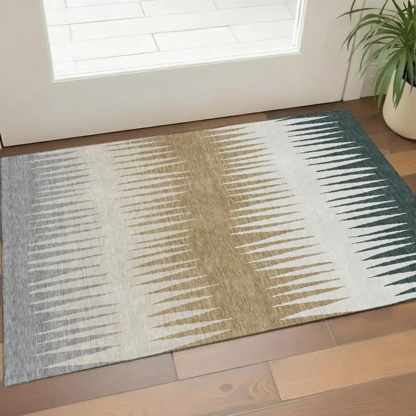 Charcoal Gold And Gray Striped Washable Area Rug With UV Protection Photo 1