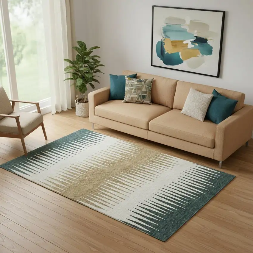 Charcoal Gold And Gray Striped Washable Area Rug With UV Protection Photo 1