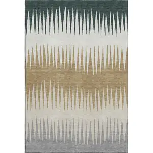 Photo of Charcoal Gold And Gray Striped Washable Area Rug With UV Protection
