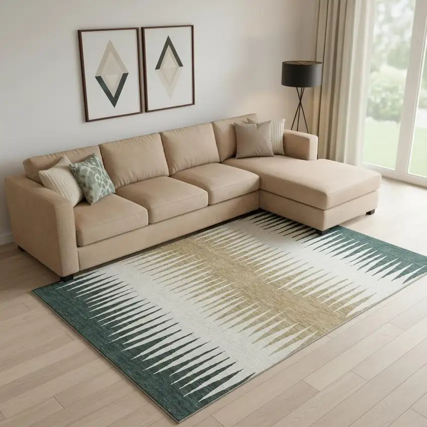 Charcoal Gold And Gray Striped Washable Area Rug With UV Protection Photo 1