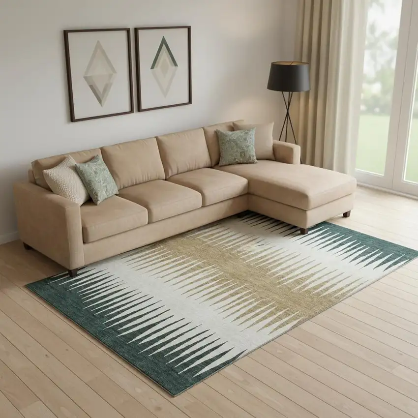 Charcoal Gold And Gray Striped Washable Area Rug With UV Protection Photo 1