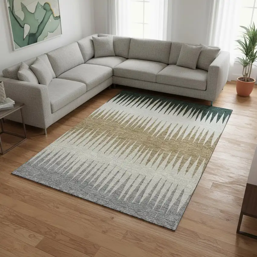 Charcoal Gold And Gray Striped Washable Area Rug With UV Protection Photo 2