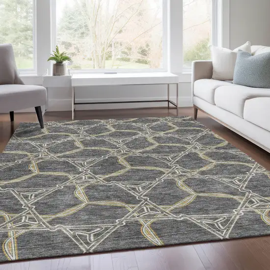 Charcoal Gold And Ivory Geometric Washable Area Rug With UV Protection Photo 5