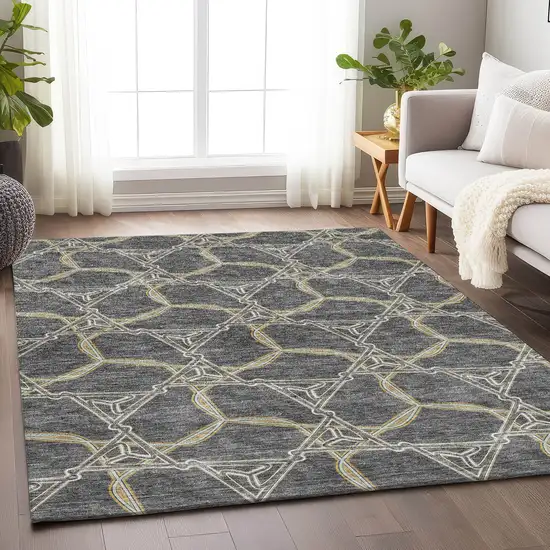 Charcoal Gold And Ivory Geometric Washable Area Rug With UV Protection Photo 4