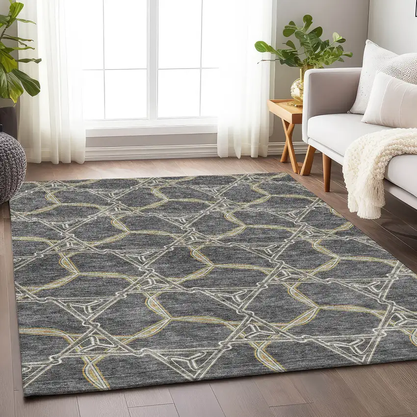 Charcoal Gold And Ivory Geometric Washable Area Rug With UV Protection Photo 4