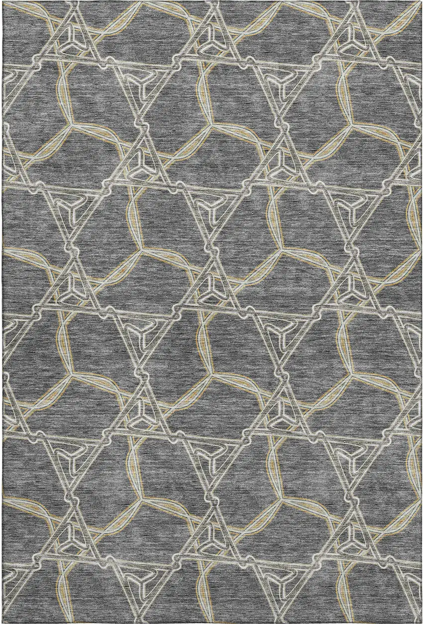 Charcoal Gold And Ivory Geometric Washable Area Rug With UV Protection Photo 1