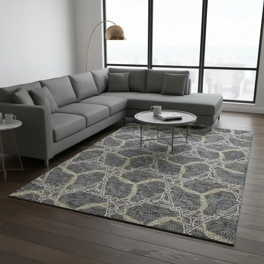 Charcoal Gold And Ivory Geometric Washable Area Rug With UV Protection Photo 2