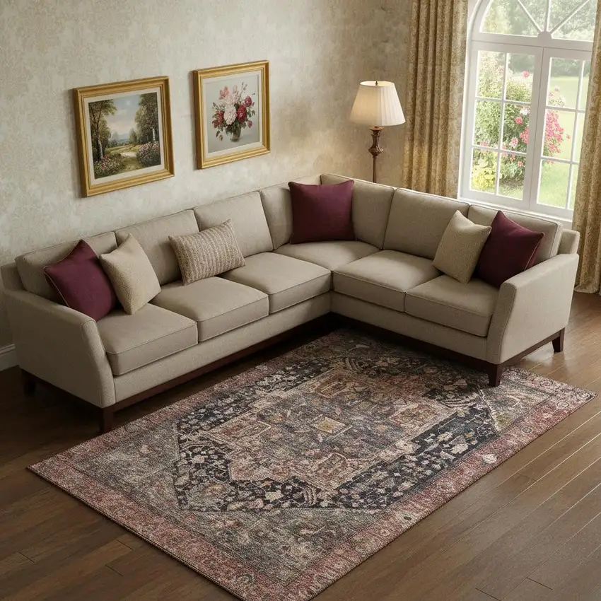 Charcoal Gold And Rust Oriental Washable Area Rug With UV Protection Photo 2