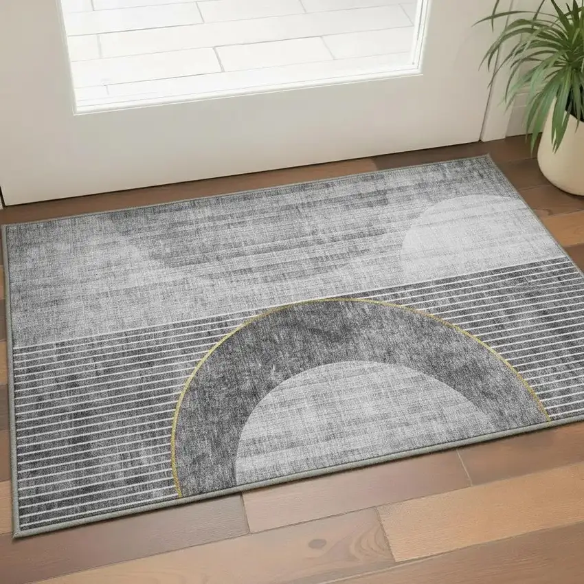 Charcoal Gold And Silver Geometric Washable Area Rug With UV Protection Photo 2