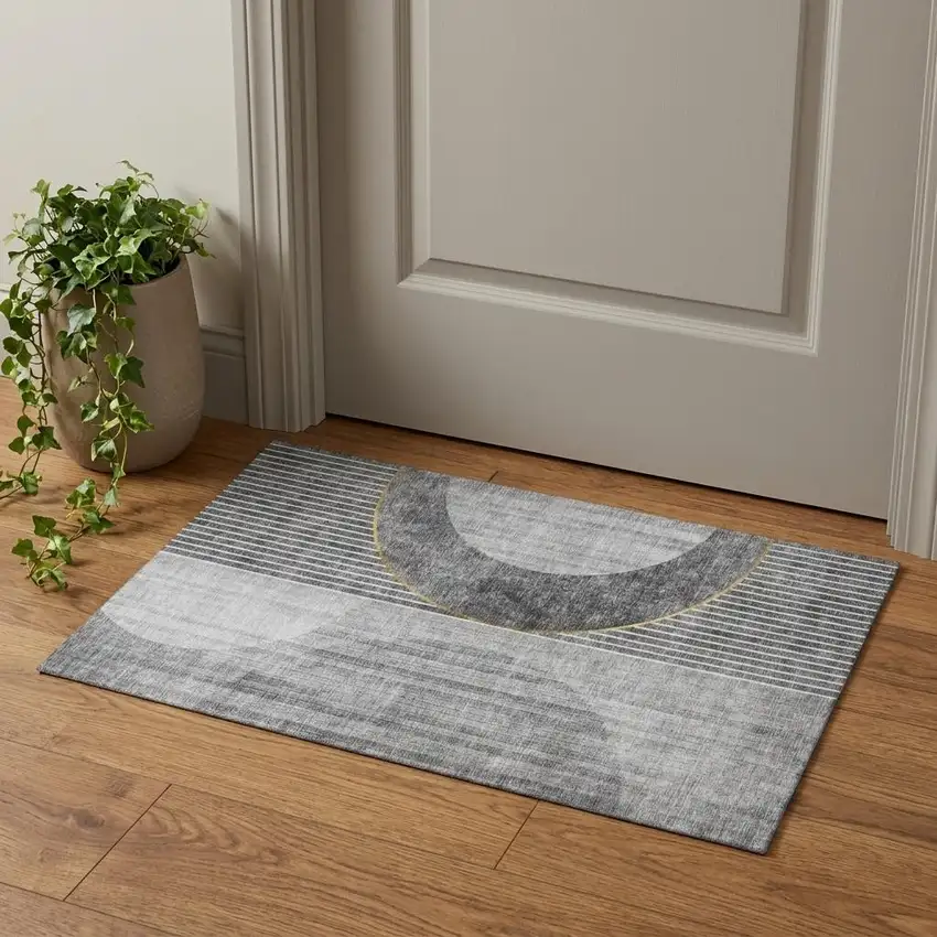 Charcoal Gold And Silver Geometric Washable Area Rug With UV Protection Photo 1