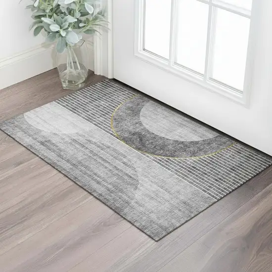 Charcoal Gold And Silver Geometric Washable Area Rug With UV Protection Photo 1