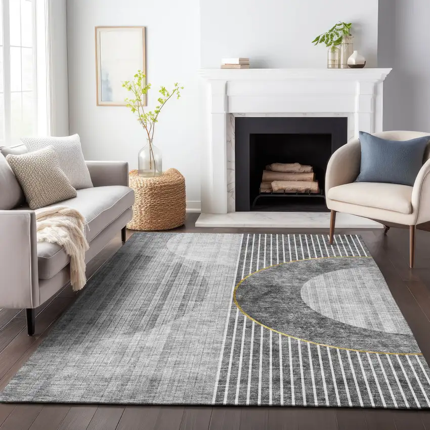 Charcoal Gold And Silver Geometric Washable Area Rug With UV Protection Photo 3