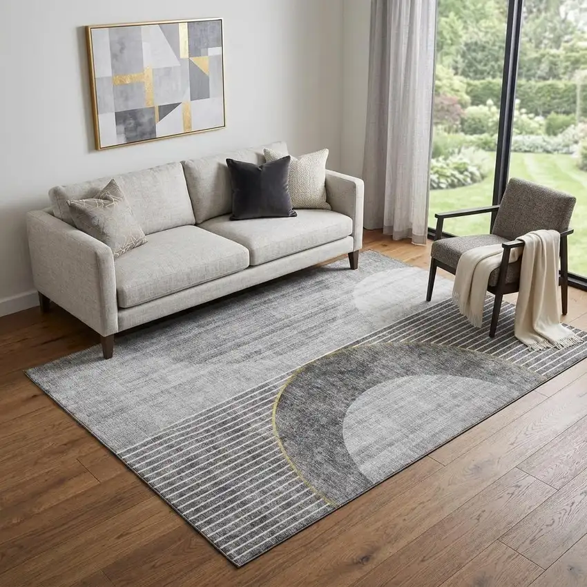Charcoal Gold And Silver Geometric Washable Area Rug With UV Protection Photo 1