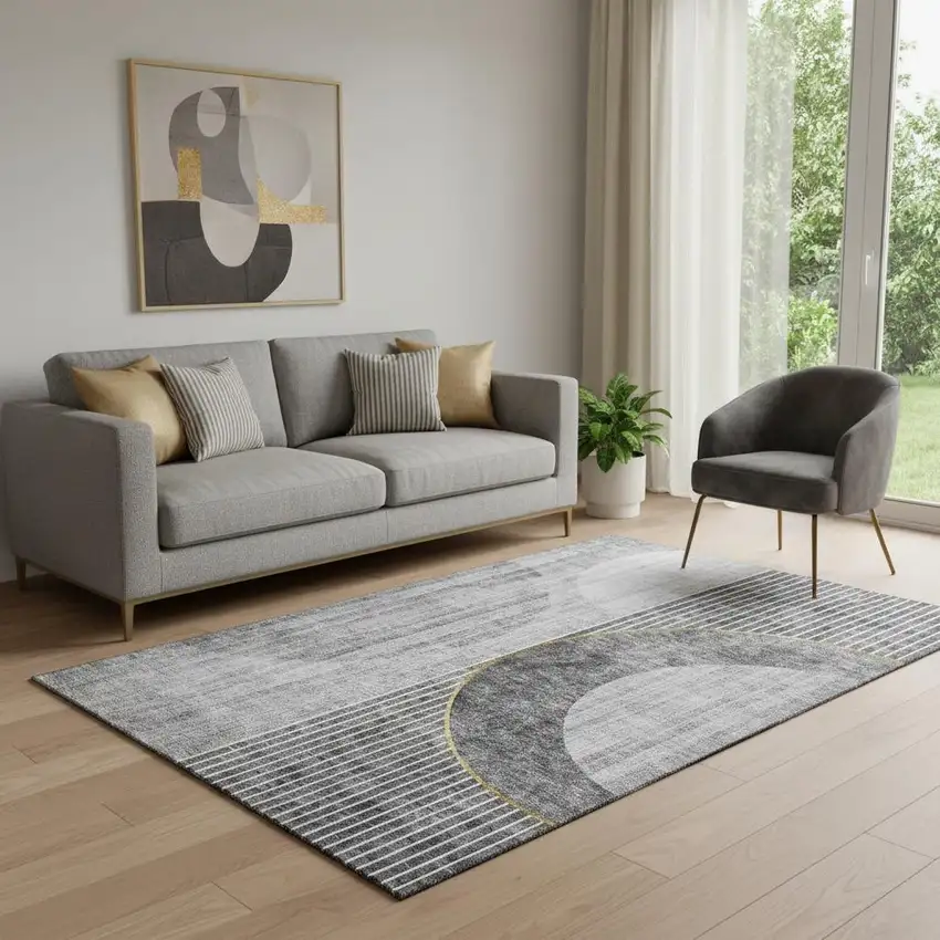 Charcoal Gold And Silver Geometric Washable Area Rug With UV Protection Photo 1