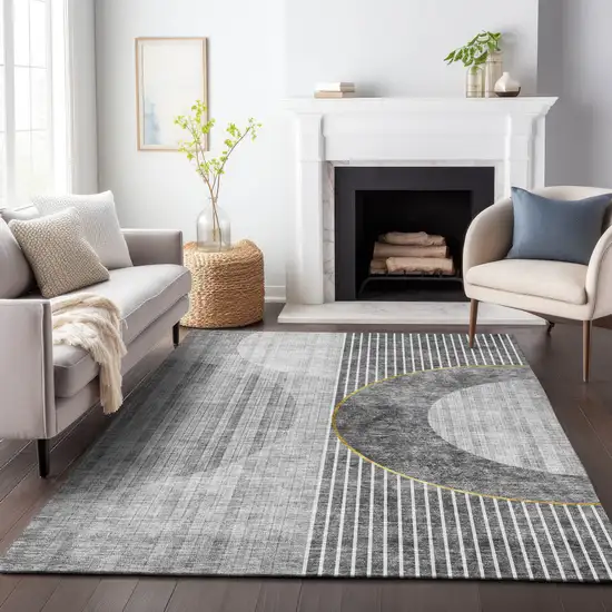 Charcoal Gold And Silver Geometric Washable Area Rug With UV Protection Photo 5