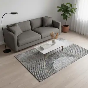 Photo of Charcoal Gold And Silver Geometric Washable Area Rug With UV Protection