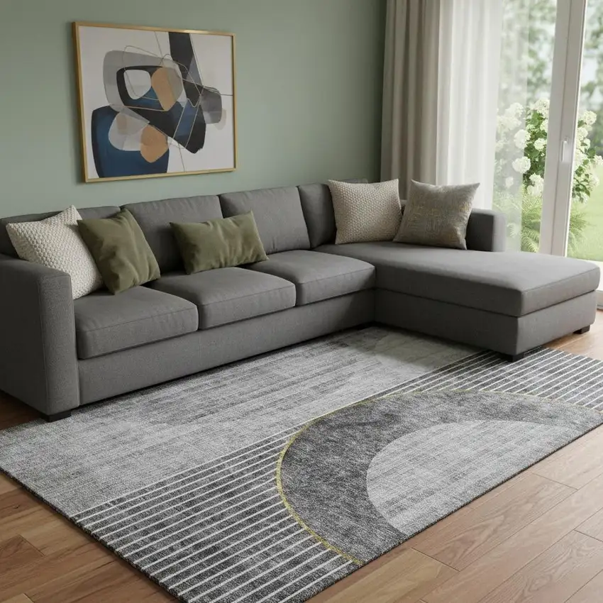 Charcoal Gold And Silver Geometric Washable Area Rug With UV Protection Photo 1