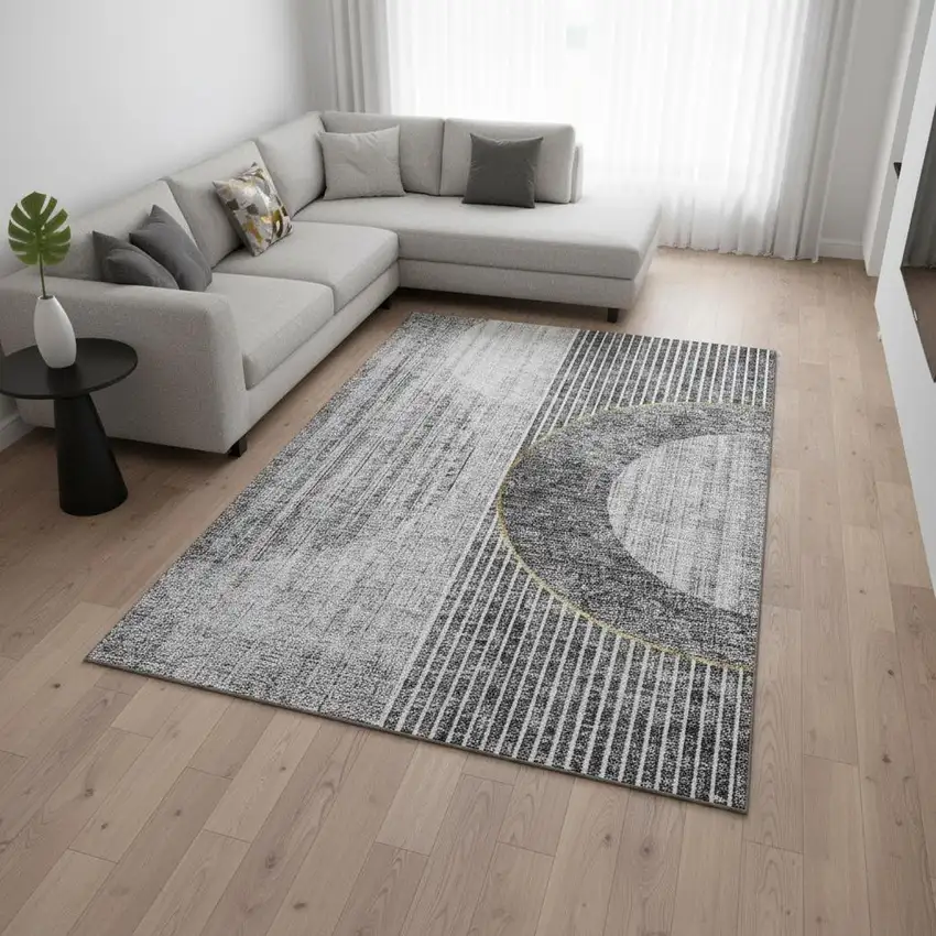 Charcoal Gold And Silver Geometric Washable Area Rug With UV Protection Photo 1