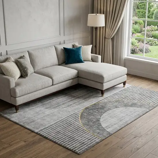 Charcoal Gold And Silver Geometric Washable Area Rug With UV Protection Photo 1