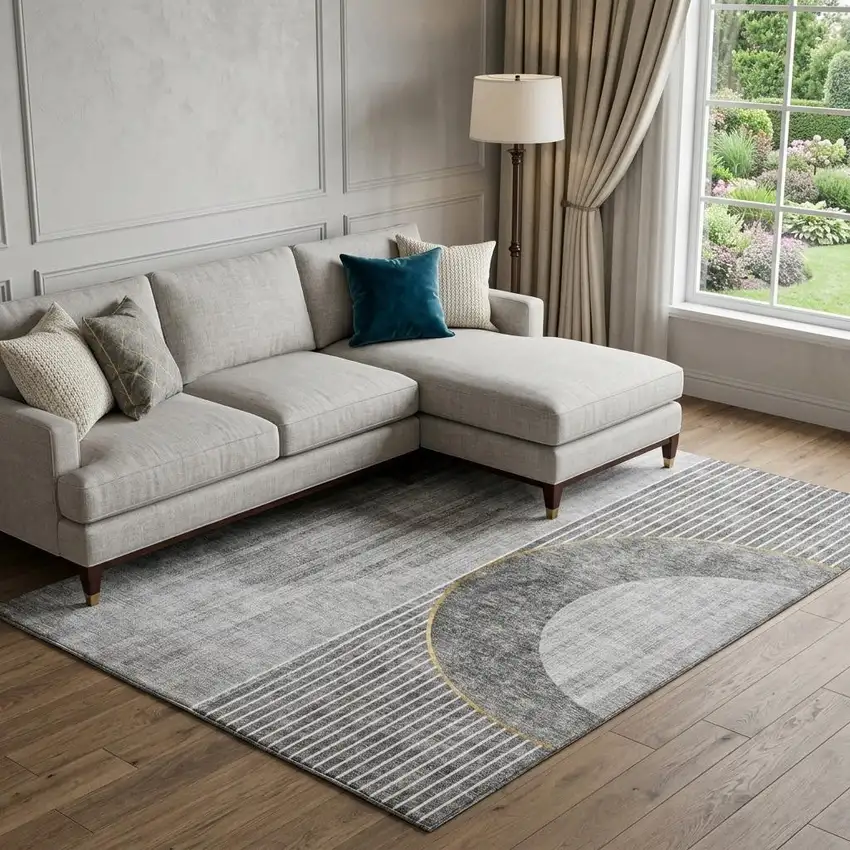 Charcoal Gold And Silver Geometric Washable Area Rug With UV Protection Photo 1