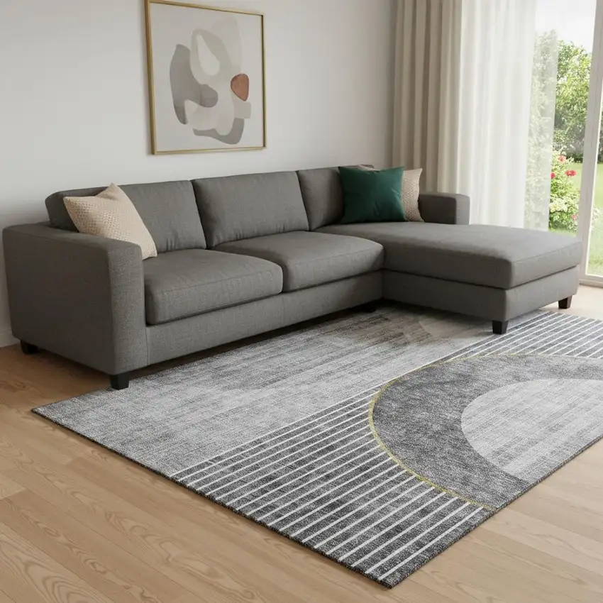 Charcoal Gold And Silver Geometric Washable Area Rug With UV Protection Photo 1