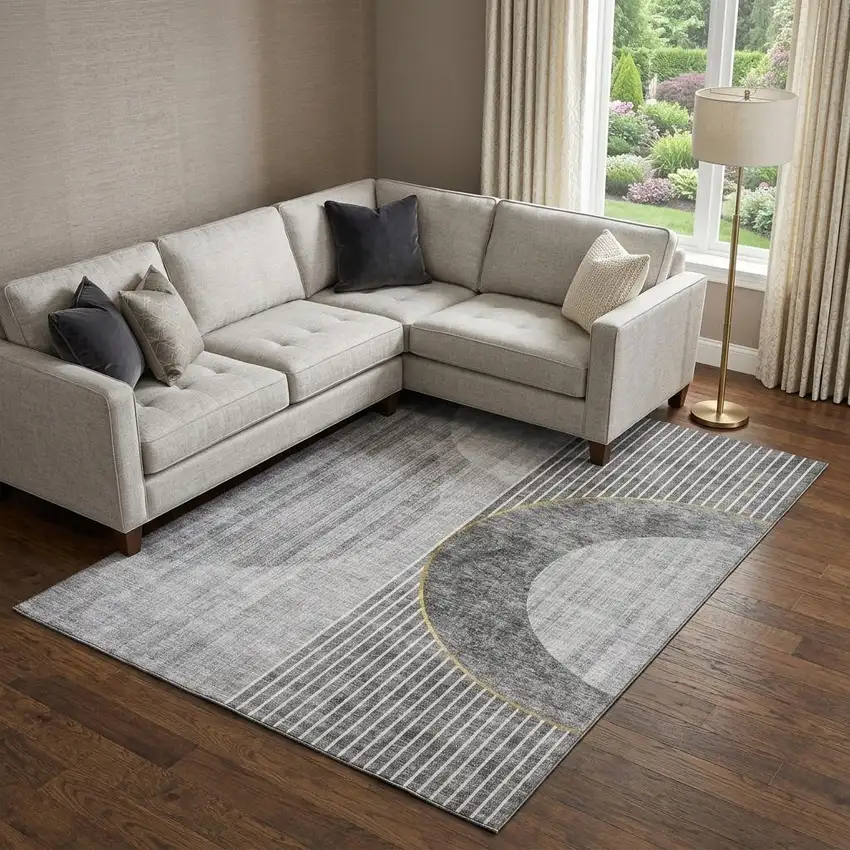 Charcoal Gold And Silver Geometric Washable Area Rug With UV Protection Photo 1