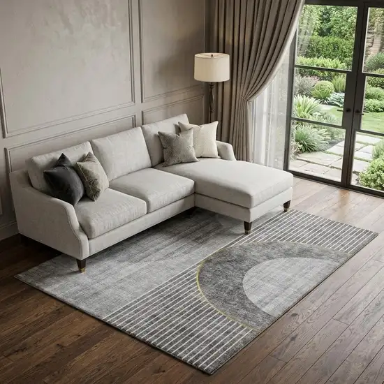 Charcoal Gold And Silver Geometric Washable Area Rug With UV Protection Photo 1