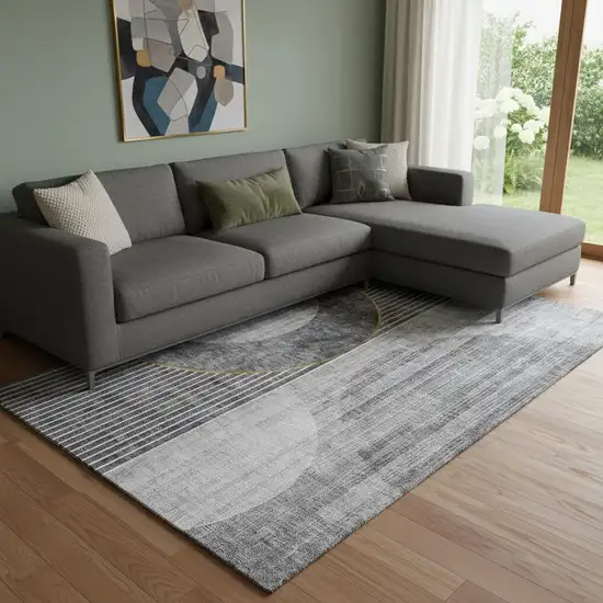 Charcoal Gold And Silver Geometric Washable Area Rug With UV Protection Photo 1