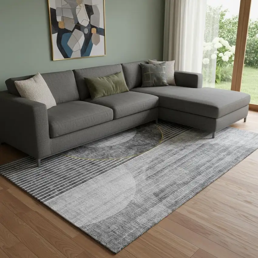 Charcoal Gold And Silver Geometric Washable Area Rug With UV Protection Photo 1