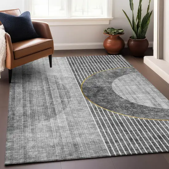Charcoal Gold And Silver Geometric Washable Area Rug With UV Protection Photo 4