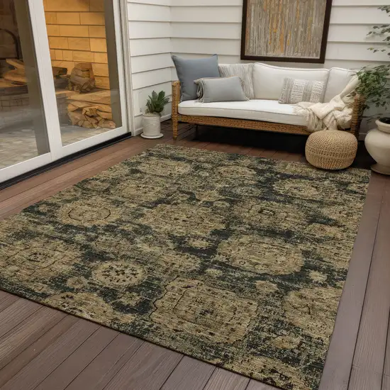 Charcoal Gold And Tan Floral Washable Indoor Outdoor Area Rug Photo 7
