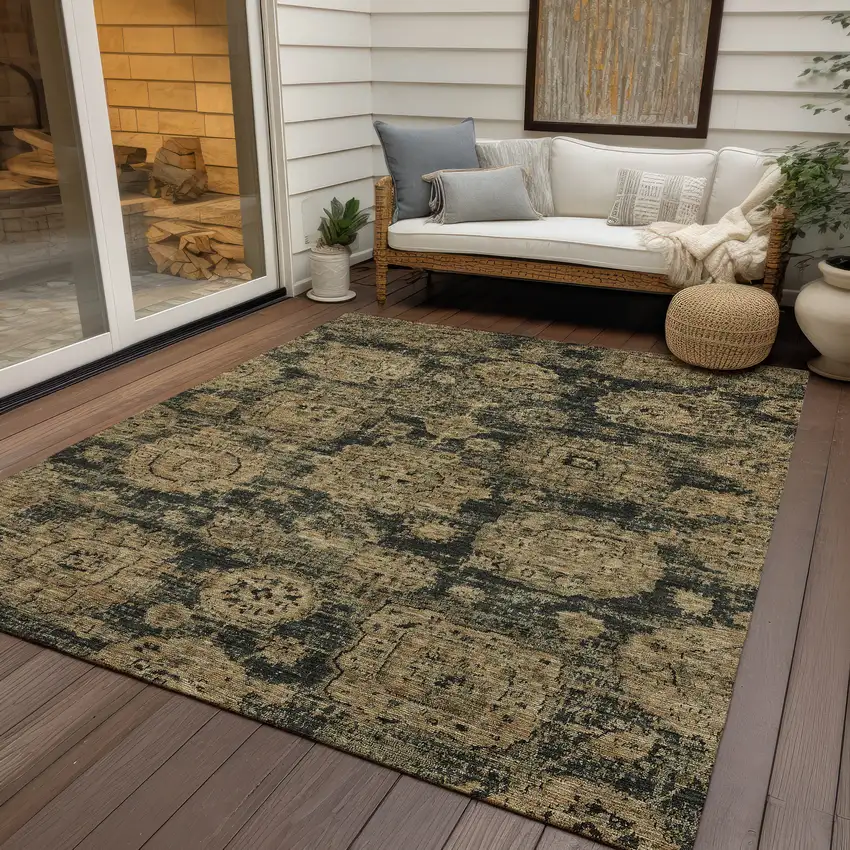 Charcoal Gold And Tan Floral Washable Indoor Outdoor Area Rug Photo 7