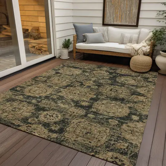 Charcoal Gold And Tan Floral Washable Indoor Outdoor Area Rug Photo 9