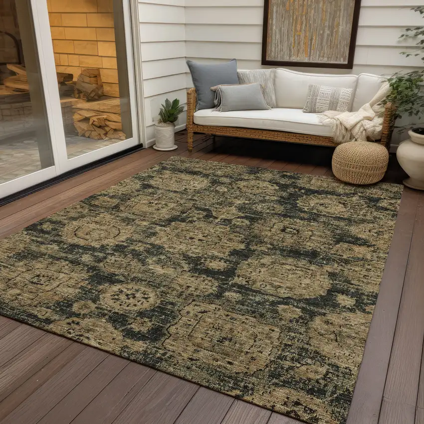 Charcoal Gold And Tan Floral Washable Indoor Outdoor Area Rug Photo 9