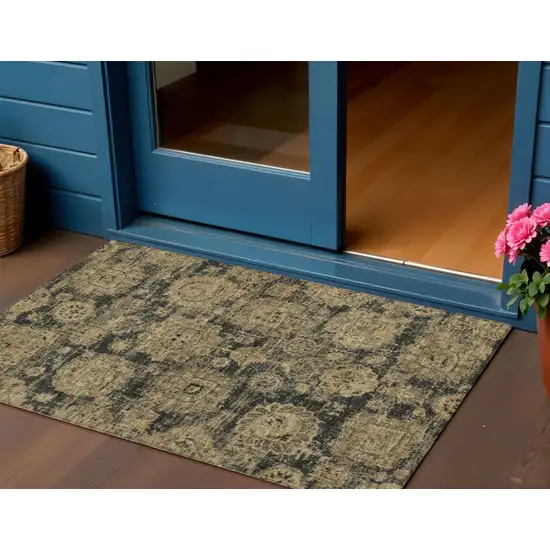 Charcoal Gold And Tan Floral Washable Indoor Outdoor Area Rug Photo 1